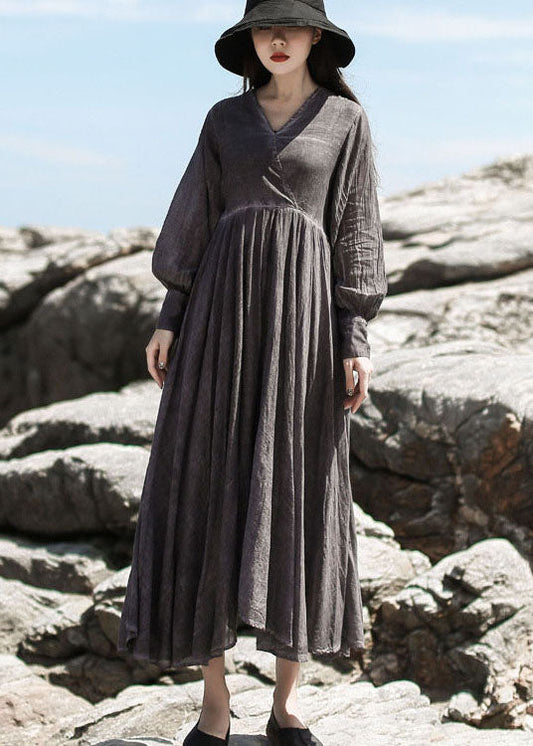 Grey Pockets Party Dress Cinched Long Sleeve