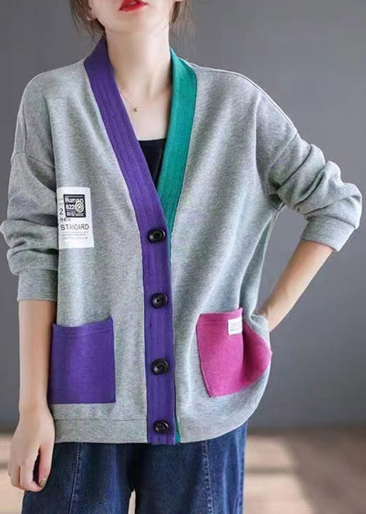 Grey Pockets Patchwork Loose Cotton Cardigans V Neck Spring