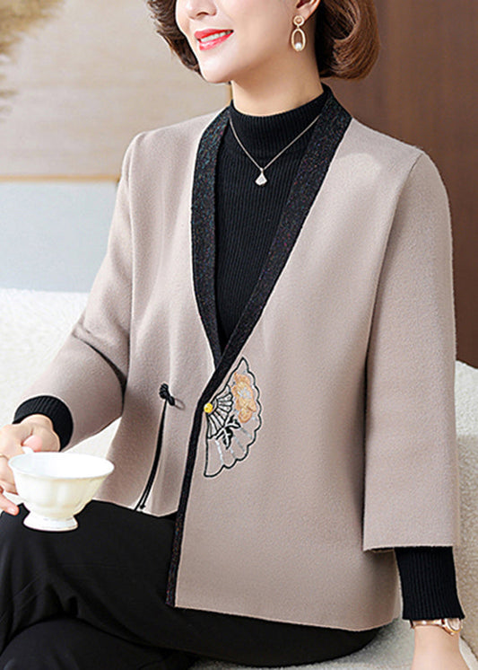 Grey Print Button Tassel Knit Coats Three Quarter Sleeve