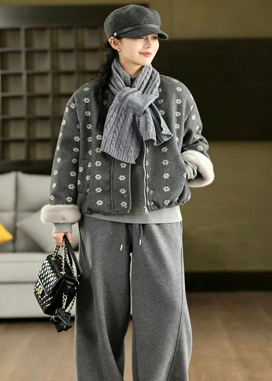 Grey Print Short Jacket With Scarf Woolen Furry Lining Winter