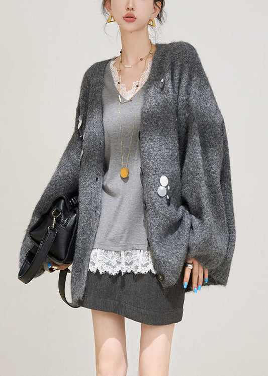 Grey Sequins Solid Cotton Knit Cardigans Spring
