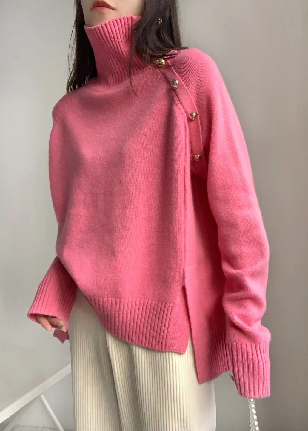 Grey Side Open Low High Design Knit Sweaters Turtleneck Winter