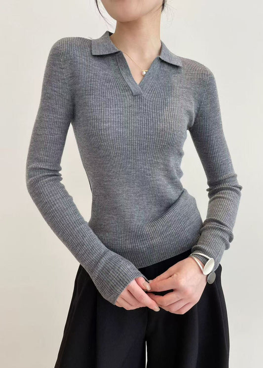 Grey Silm Fit Knit Sweaters Peter Pan Collar Spring