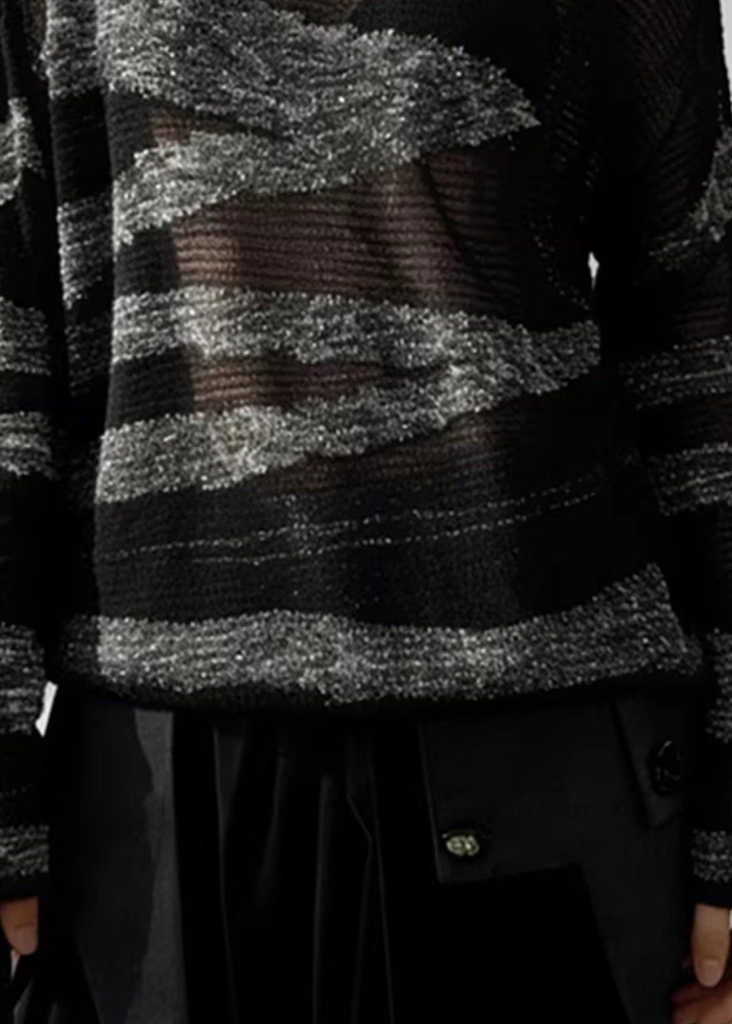 Grey Striped Patchwork Knit Sweater Hollow Out Spring