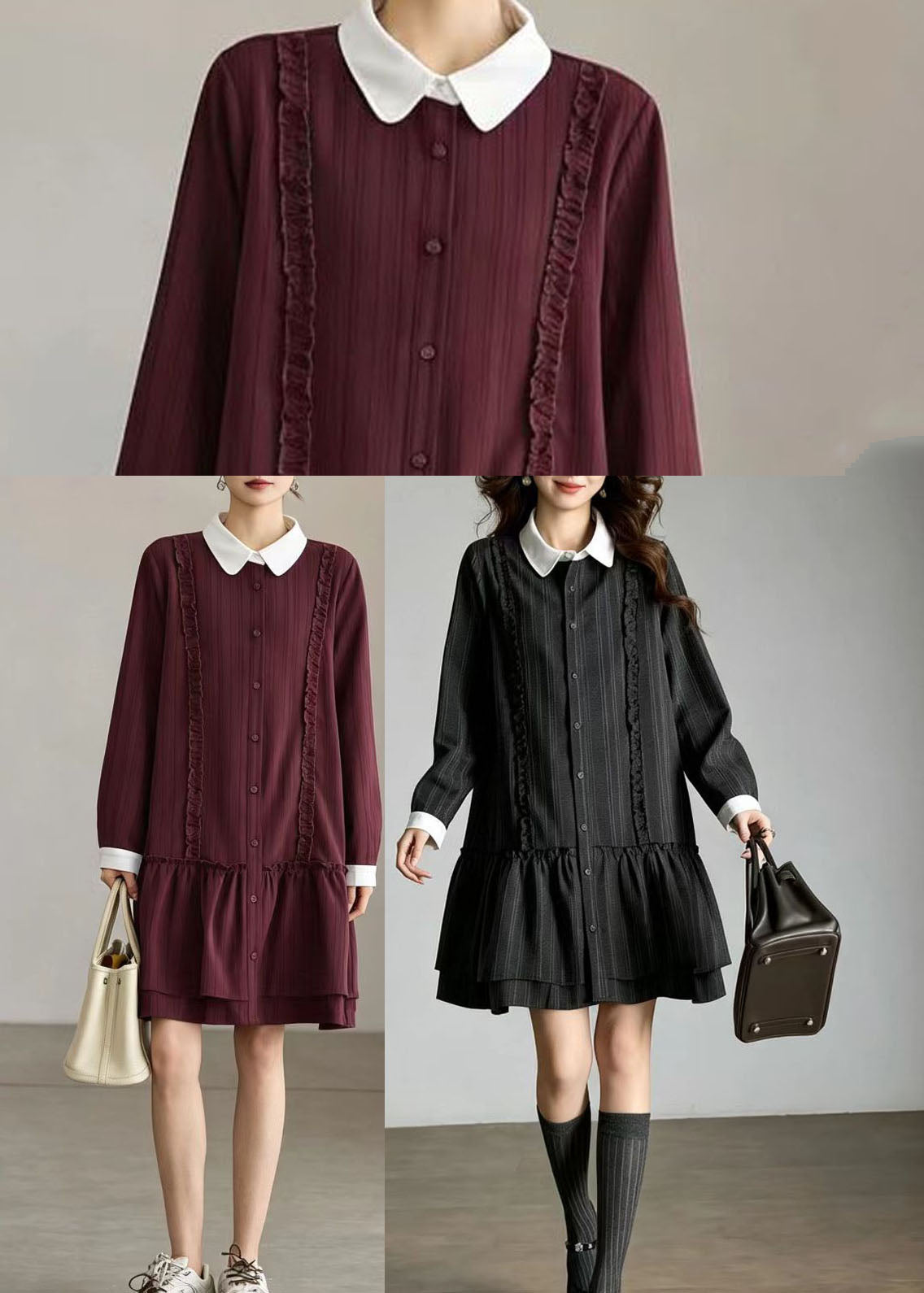 Grey Striped Shirts Dresses Contrast Peter Pan Collar Fall