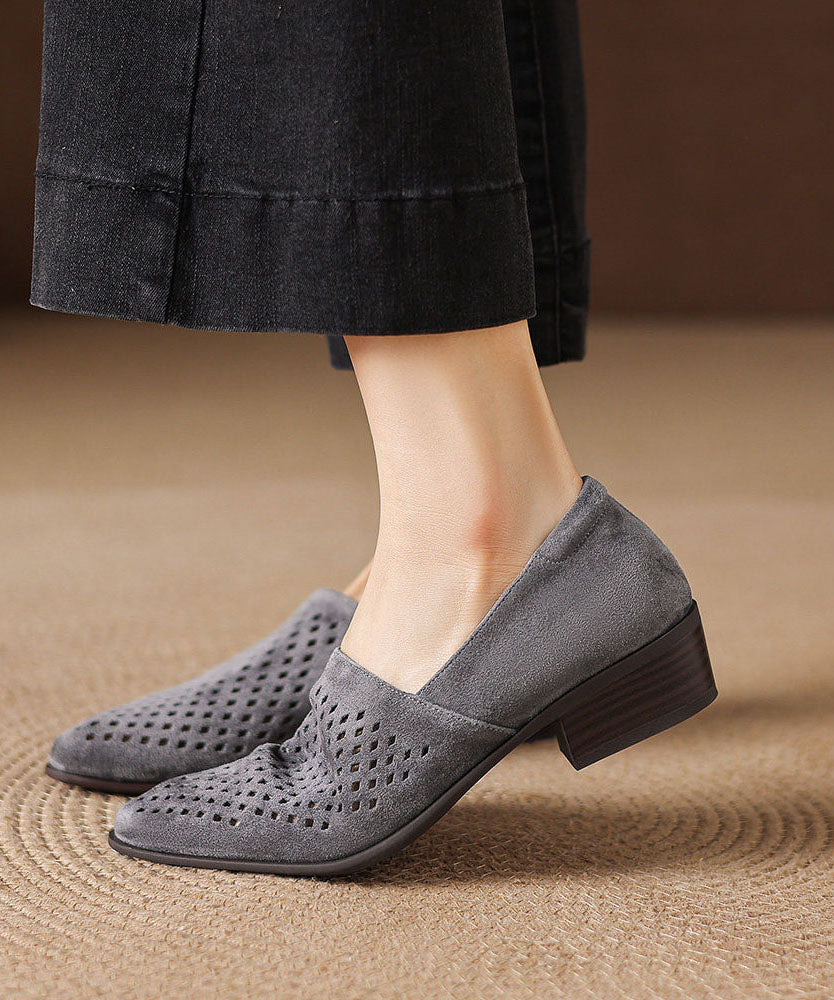 Grey Suede Hollow Out Splicing Loafers For Women