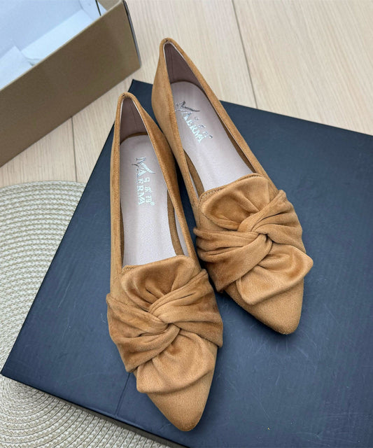 Grey Suede Penny Loafers Splicing Bow Pointed Toe Plus Size