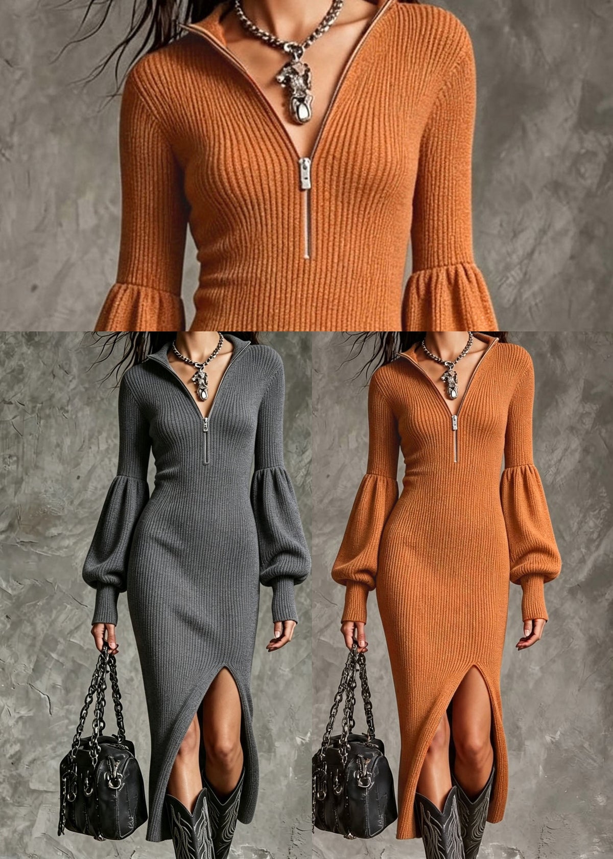 Grey Warm Knit Wraped Dress Zip Up Side Open Lantern Sleeve