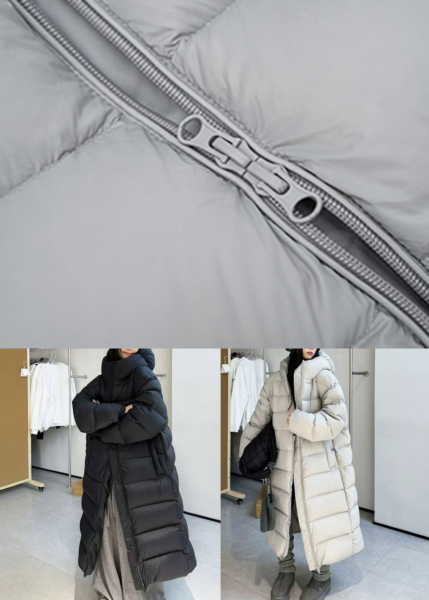 Grey Zippered Pockets Duck Down Winter Puffer Long Coat Hooded