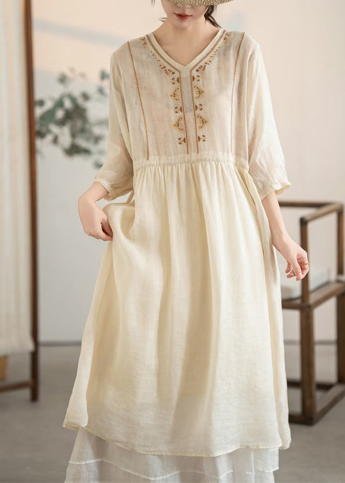 Handmade Apricot Embroidered Drawstring Linen Dress Summer