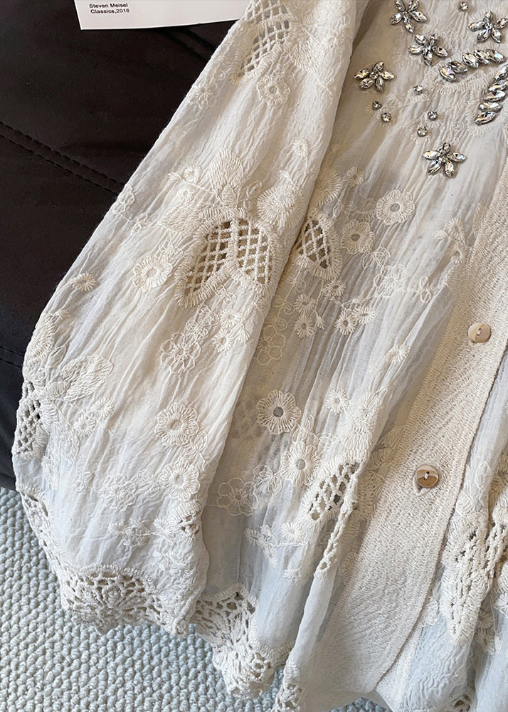 Handmade Apricot Embroidered Zircon Hollow Out Cotton Blouses Fall