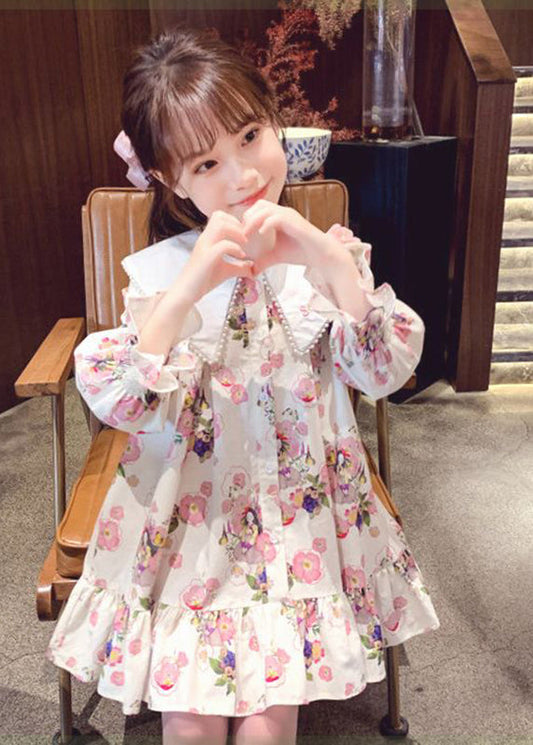 Handmade Apricot Print Nail Bead Girls Mid Dress Long Sleeve