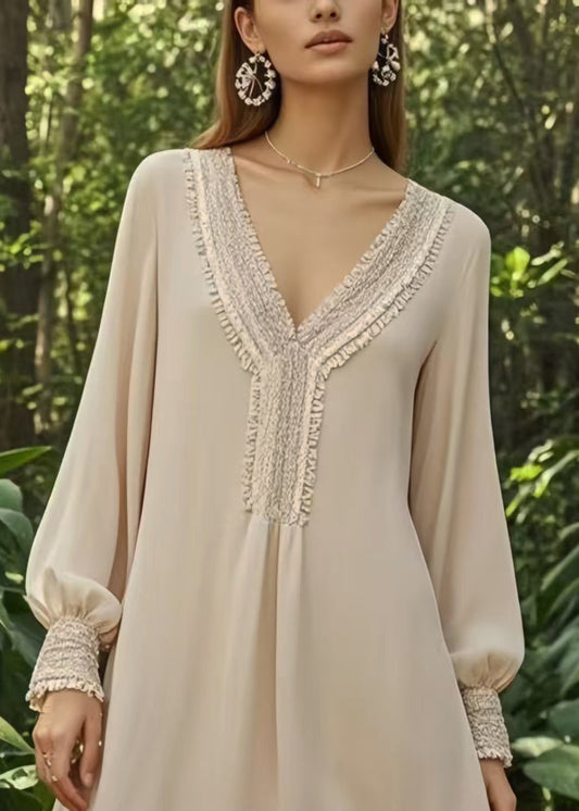 Handmade Apricot V Neck Draping Chiffon Day Dress Spring