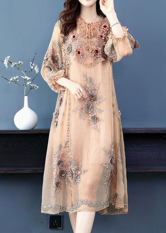 Handmade Apricot V Neck Embroideried Floral Silk Maxi Dress Long Sleeve