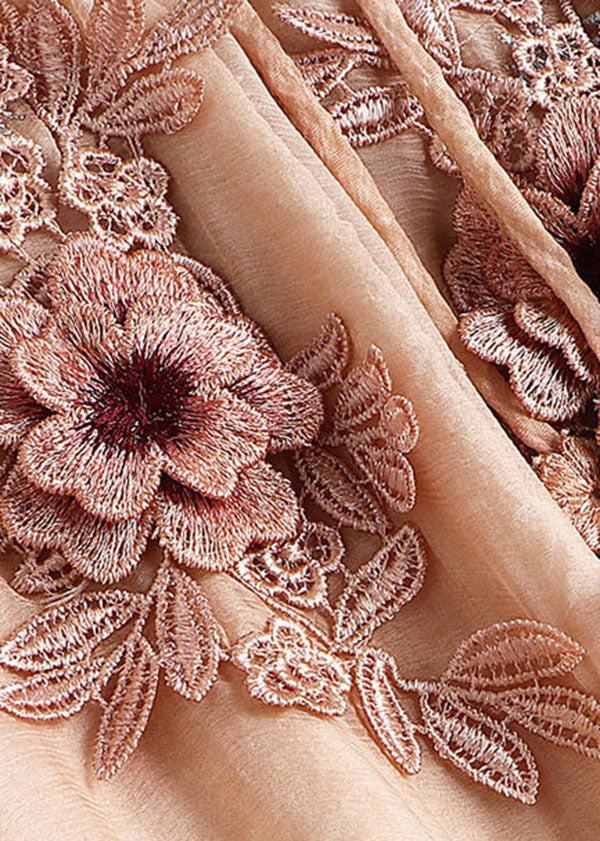 Handmade Apricot V Neck Embroideried Floral Silk Maxi Dress Long Sleeve