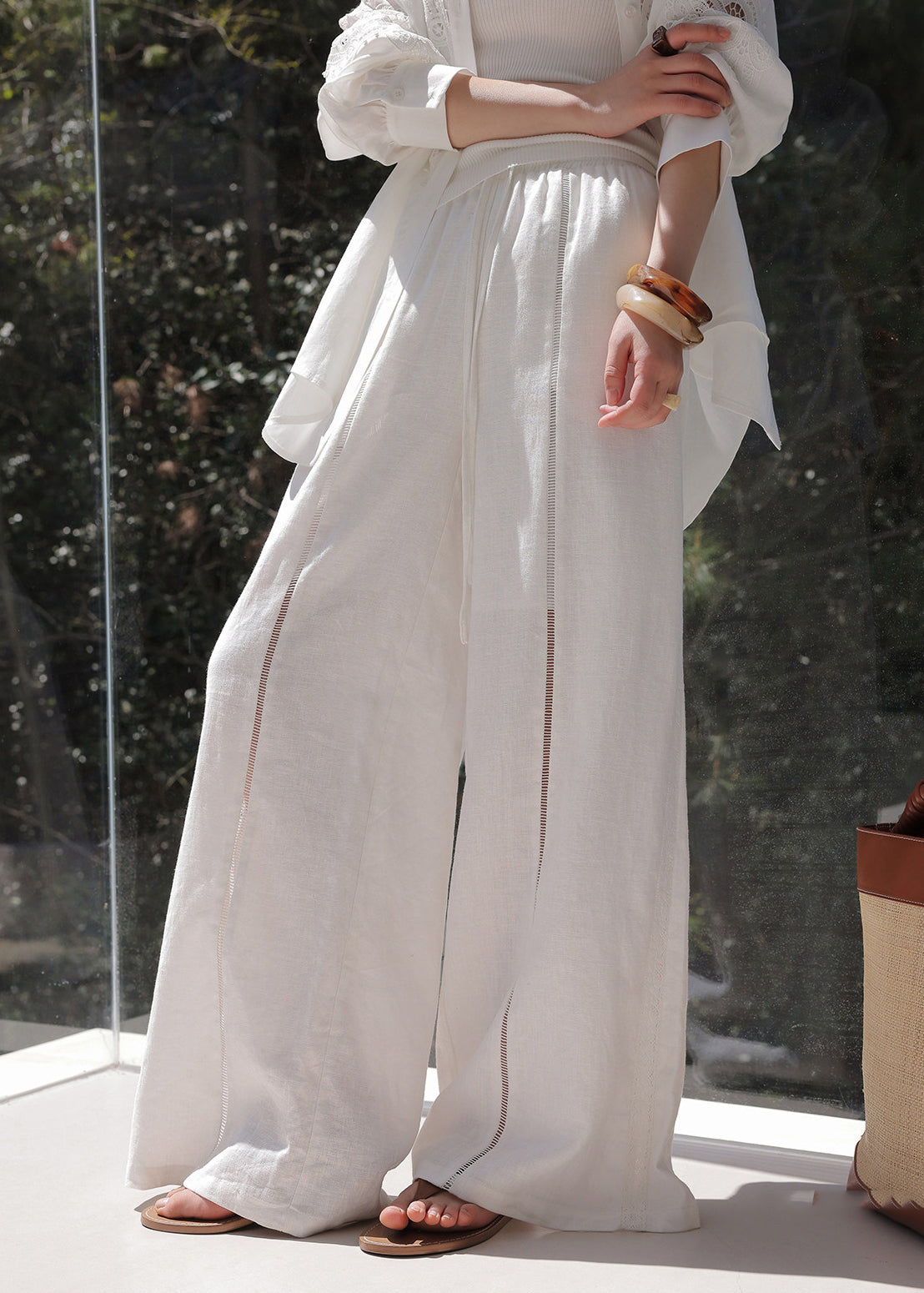 Handmade Beige Elastic Waist Patchwork Wide Leg Pants Spring