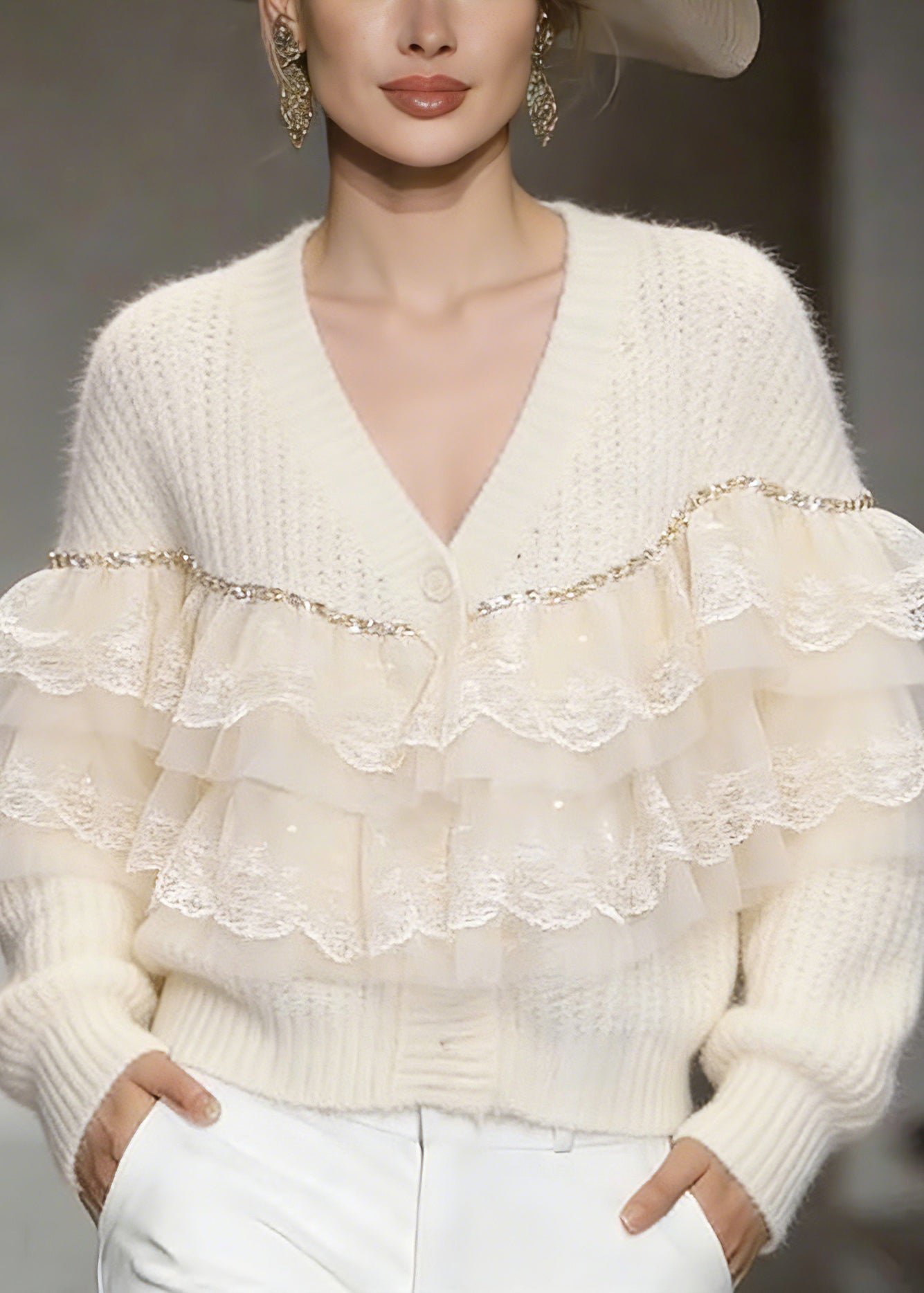 Handmade Beige Lace Patchwork Cotton Knit Cardigans Spring