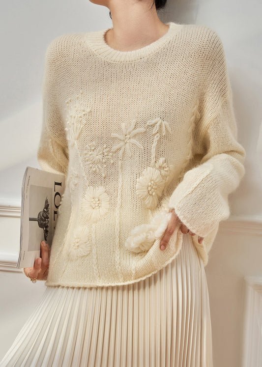 Handmade Beige O Neck Floral Cozy Knit Sweater Tops Fall