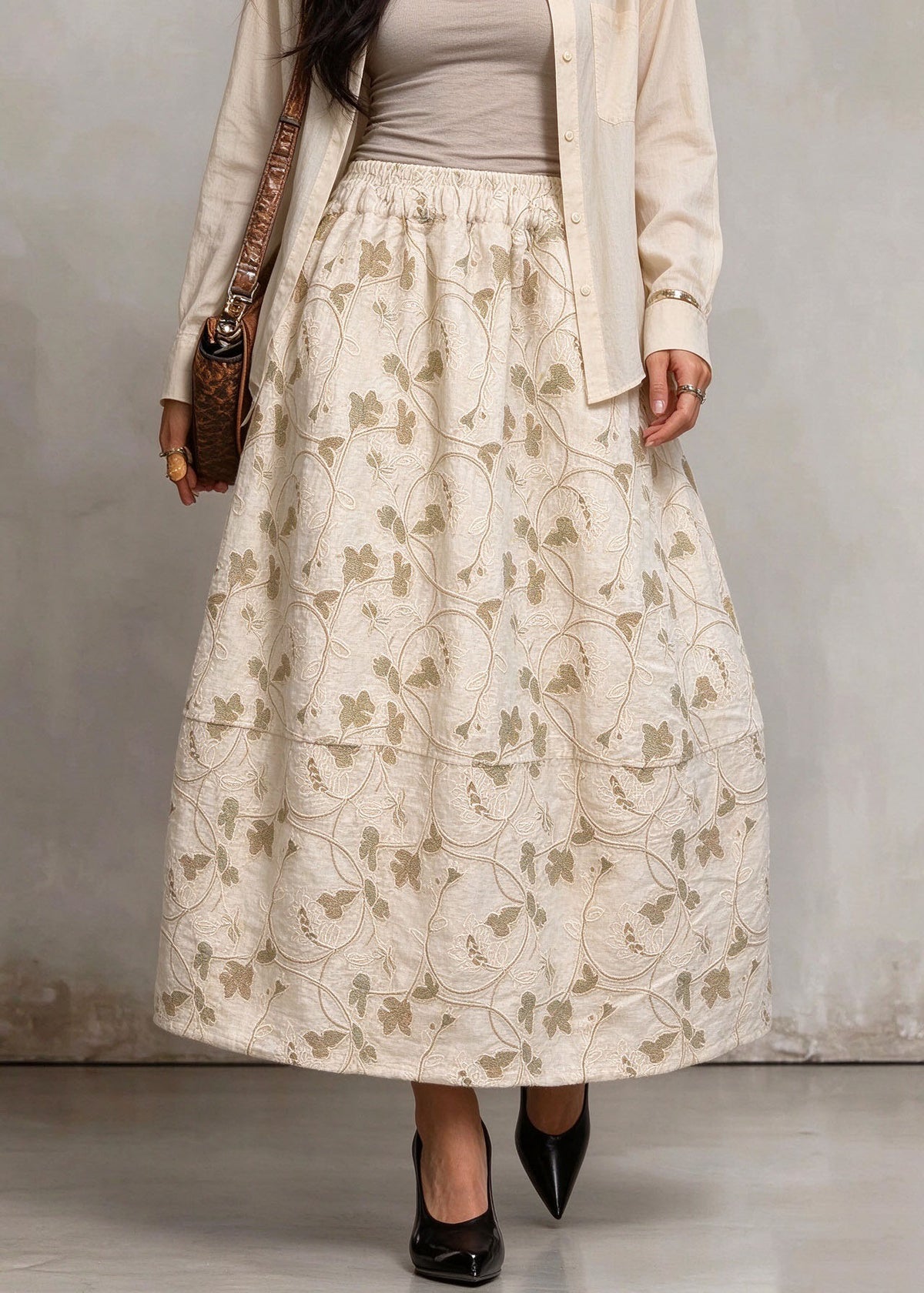 Handmade Beige Patchwork Double-Layer Maxi Skirts Winter