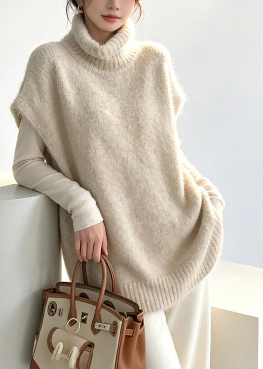 Handmade Beige Turtleneck Patchwork Cotton Knit Waistcoat Fall