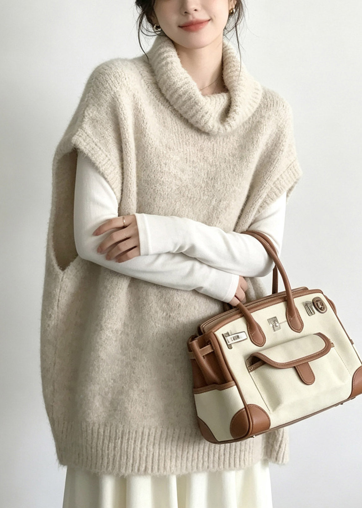 Handmade Beige Turtleneck Patchwork Cotton Knit Waistcoat Fall