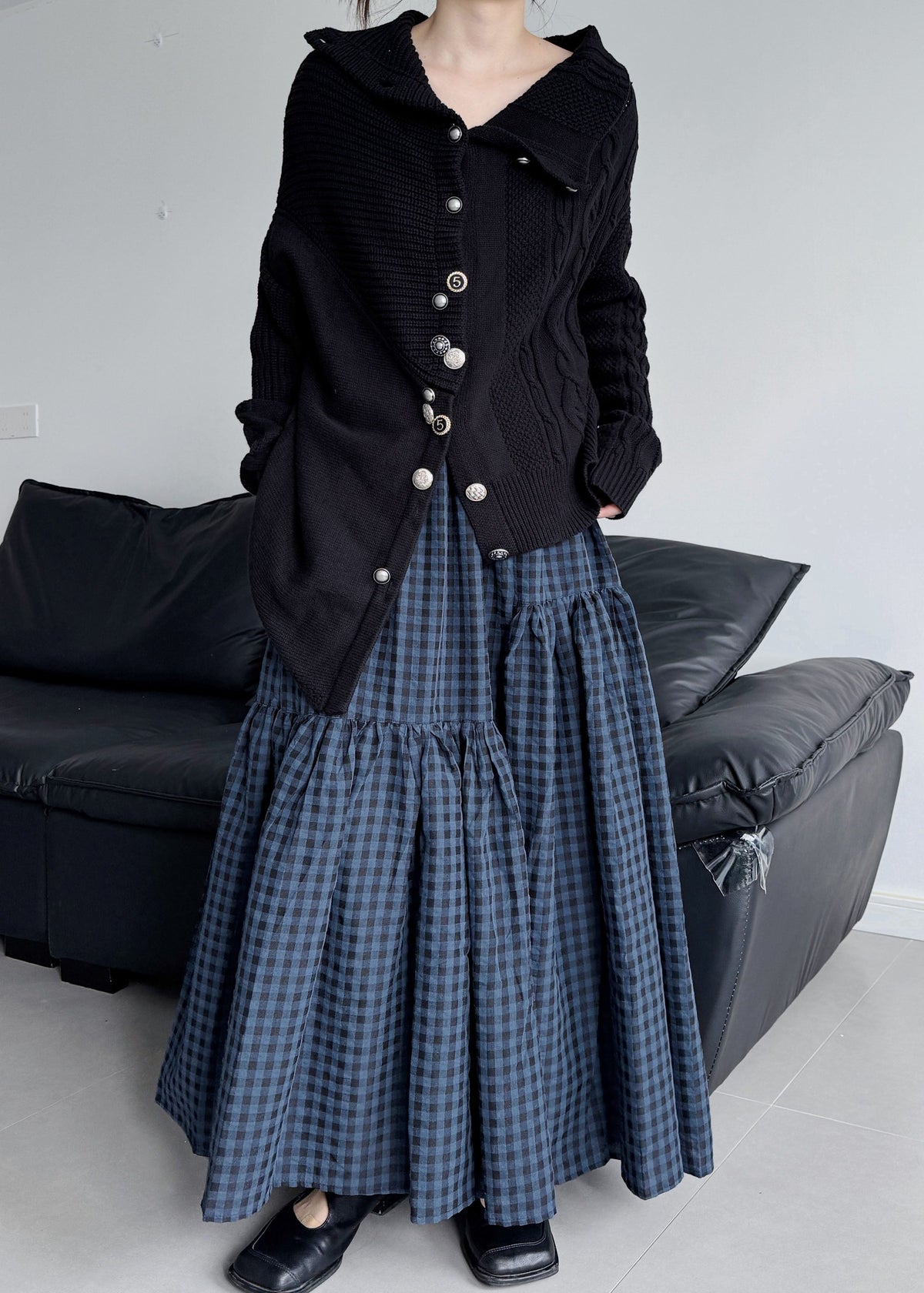 Handmade Black Asymmetrical Desidn Warm Knit Cardigan Winter