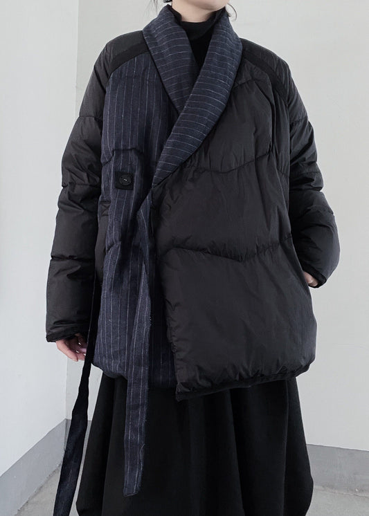 Handmade Black Asymmetrical Patchwork Duck Down Puffers Jackets Winter