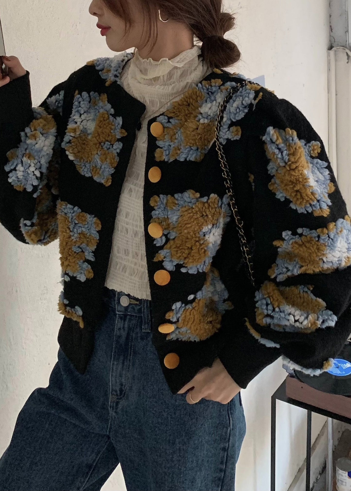 Handmade Black Embroidered Floral Faux Fur Jacket Spring