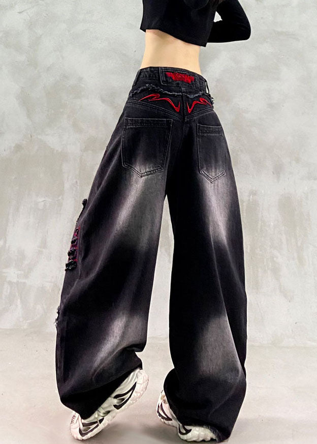 Handmade Black Embroidered Patchwork Wide Leg Jeans Fall