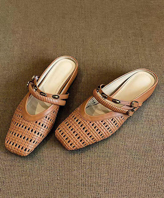 Handmade Black Hollow Out Splicing Sheepskin Slide Sandals