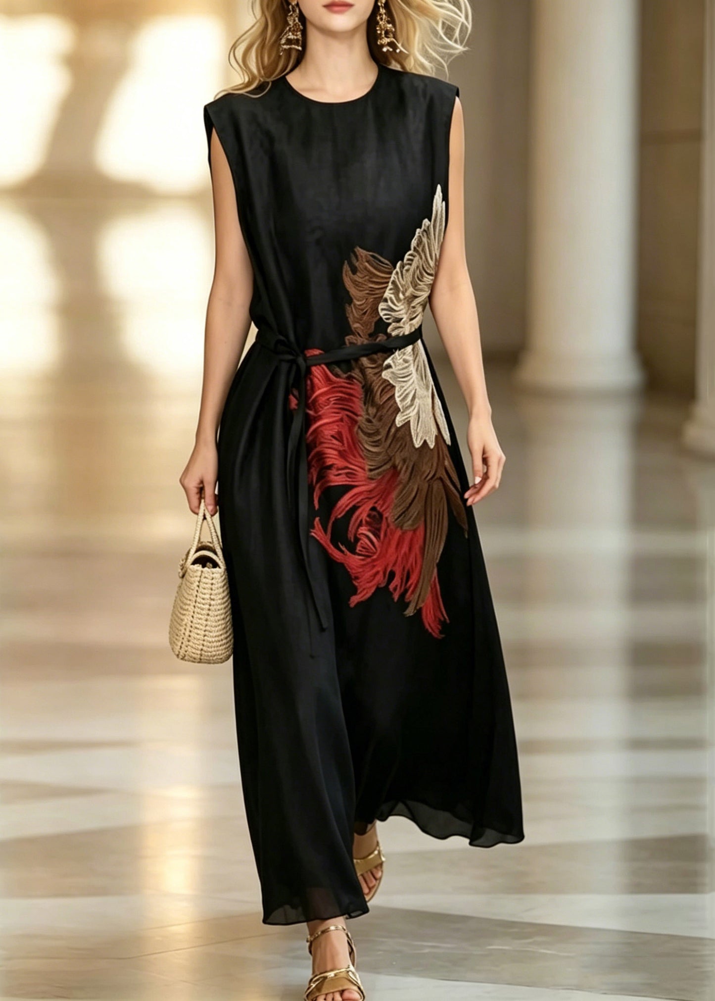 Handmade Black O-Neck Embroidered Sashes Long Dresses Summer