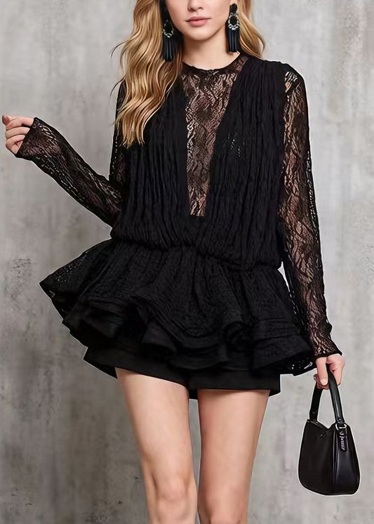Handmade Black O Neck Top And Interior Lace Set Spring