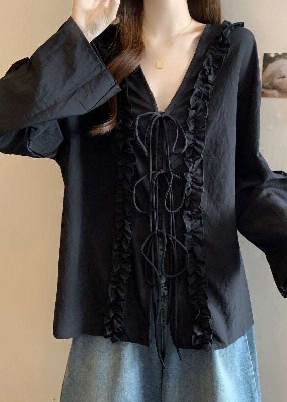 Handmade Black Patchwork Bow Shirt Long Sleeve
