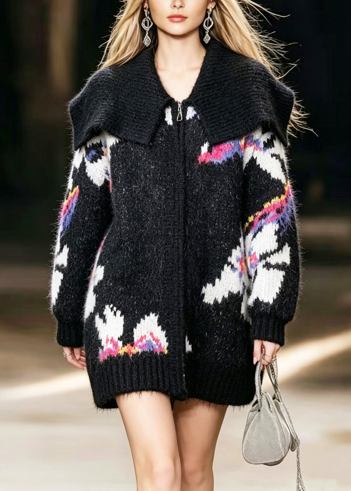 Handmade Black Sailor Collar Zip Up Jacquard Patchwork Knit Coats Fall