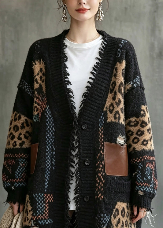 Handmade Black V Neck Print Cotton Knit Cardigan Long Sleeve