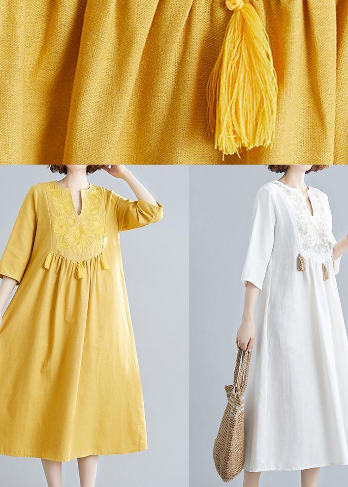 Handmade Blue Clothes Women V Neck Tassel Spring Linen Dresses - SooLinen