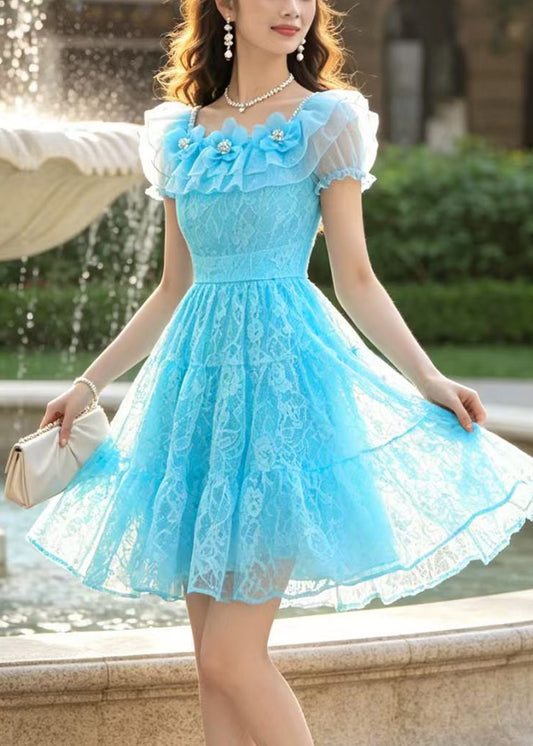 Handmade Blue Floral Lace Mini Dresses Summer