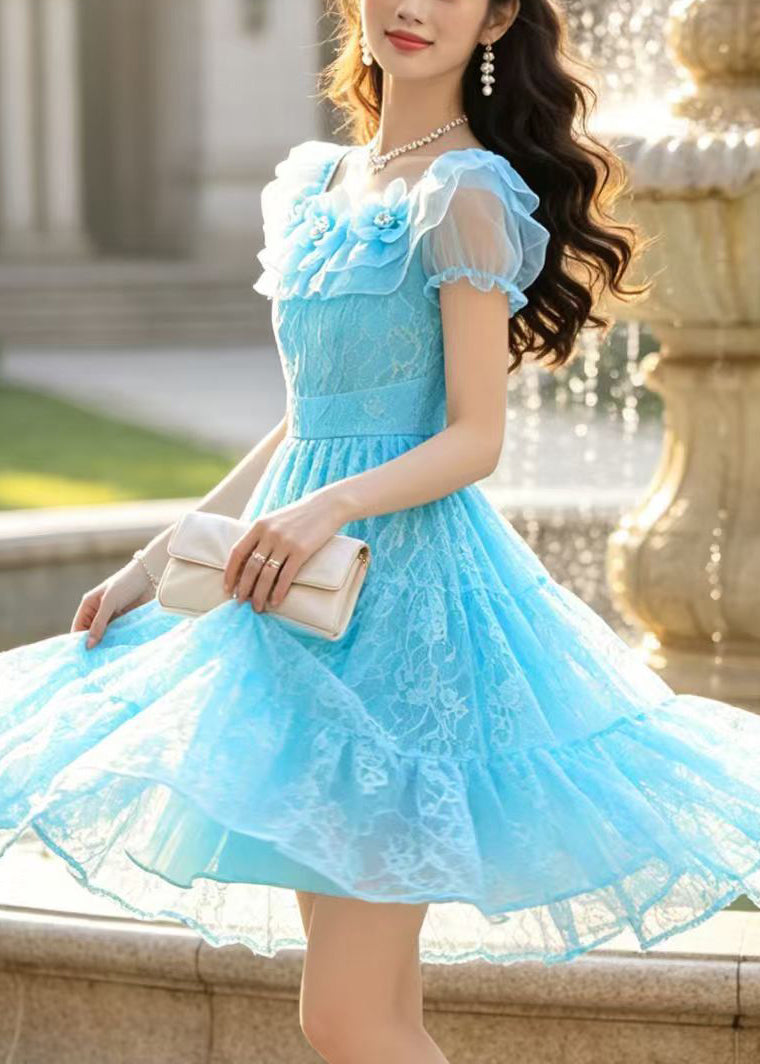 Handmade Blue Floral Lace Mini Dresses Summer