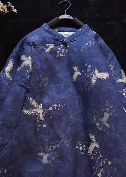 Handmade Blue O-Neck Phoenix Print Linen Maxi Parka Winter