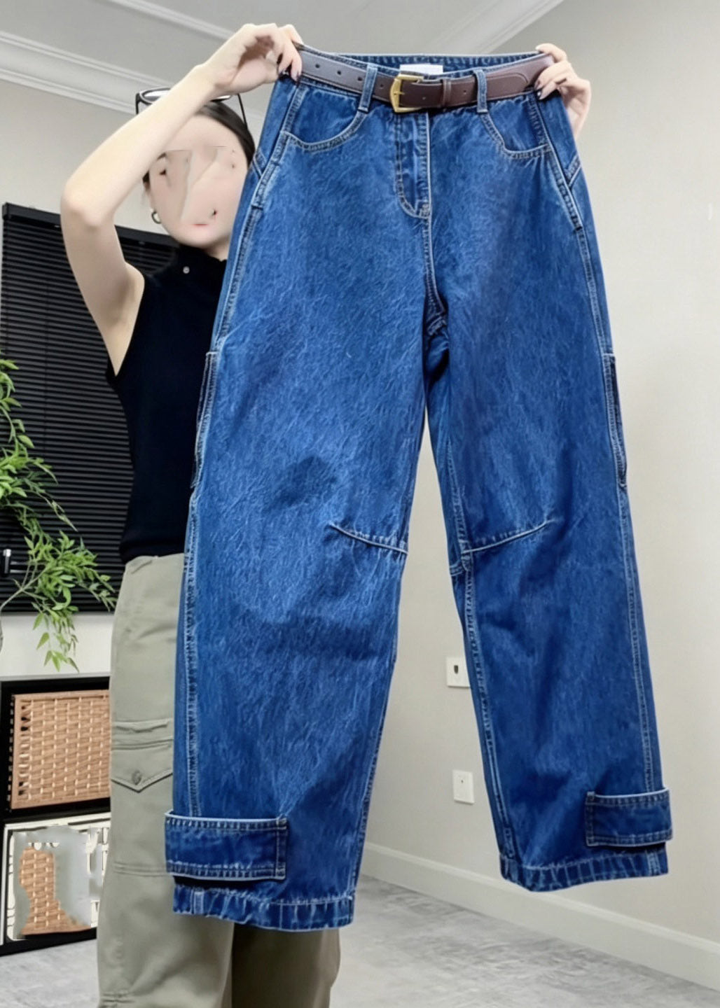 Handmade Blue Patchwork High Waist Wide Leg Jeans