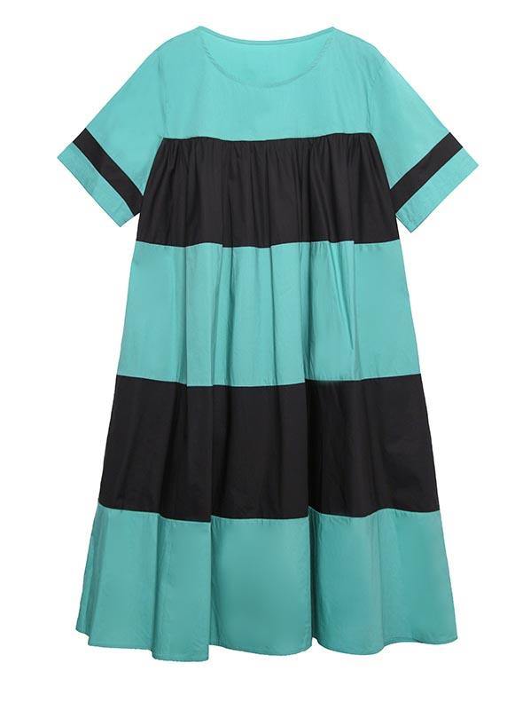 Handmade Blue Patchwork O-Neck Party Summer Cotton Dress - SooLinen