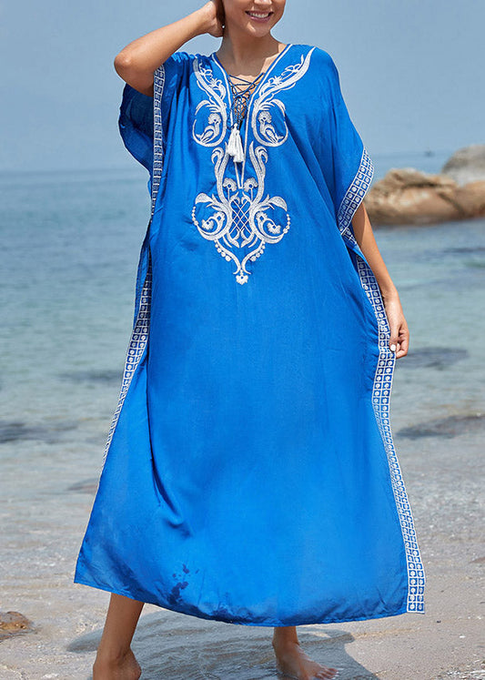 Handmade Blue V Neck Embroideried Floral Side Open Maxi BeachDress Summer