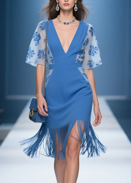 Handmade Blue V Neck Print Tassel Patchwork Cotton Dresses Summer