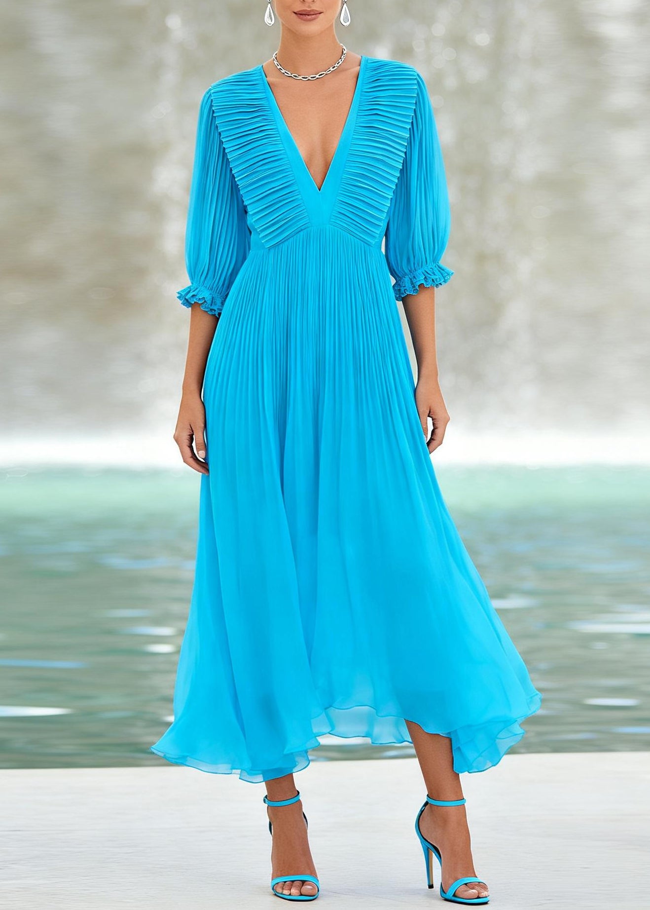 Handmade Blue V Neck Wrinkled Patchwork Chiffon Maxi Dress Summer