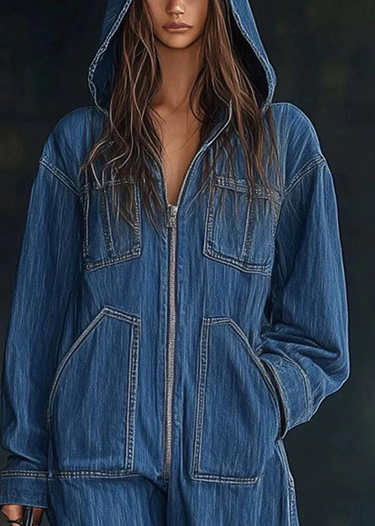 Handmade Blue Zippered Patchwork Denim Hooded Jumpsuit Spring