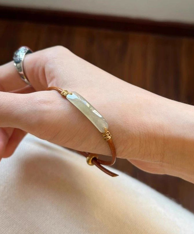 Handmade Brown Leather Patchwor Jade Adjustable Bangle