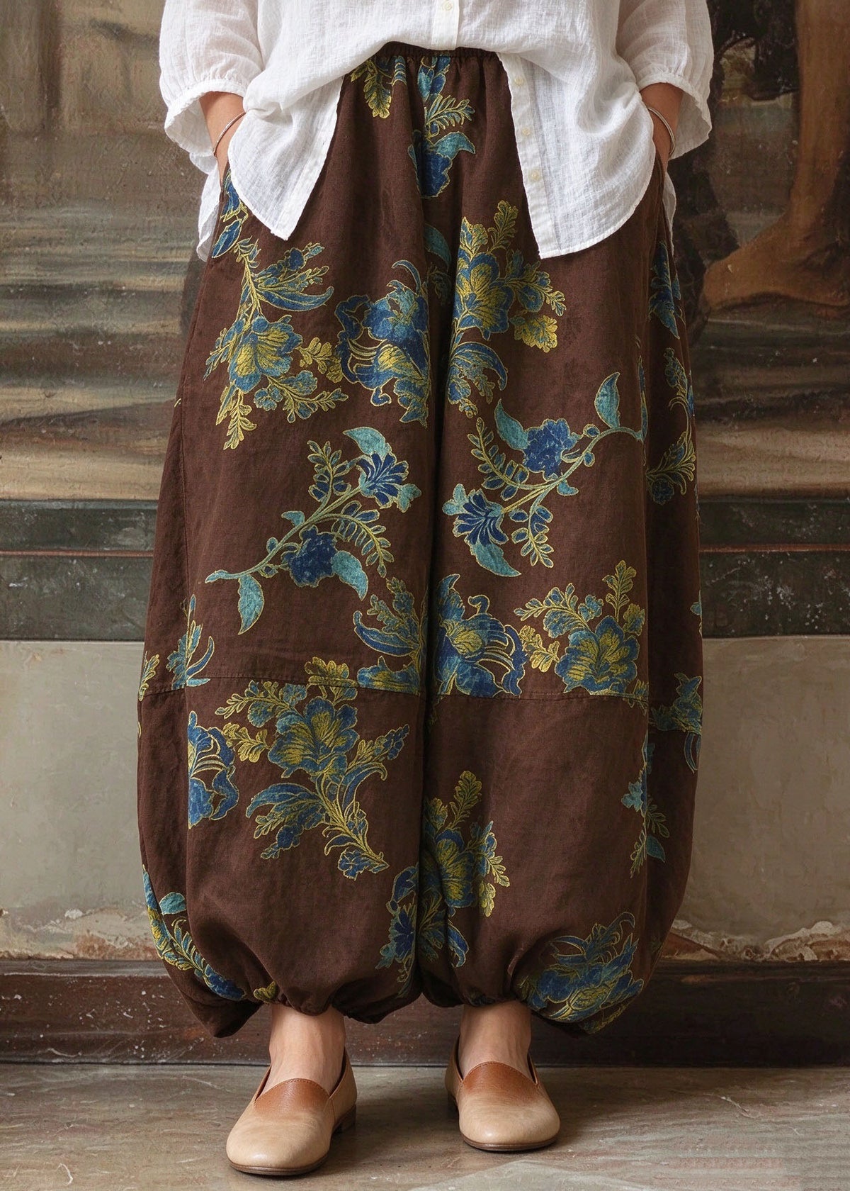 Handmade Brown Patchwork Warm Fleece Lantern Pants Winter