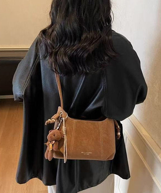 Handmade Brown Solid Durable Pendant Decorated Faux Leather Shoulder Bags