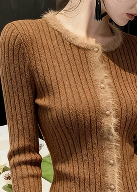 Handmade Coffee O Neck Fur Patchwork Knit Short Sweater Spring