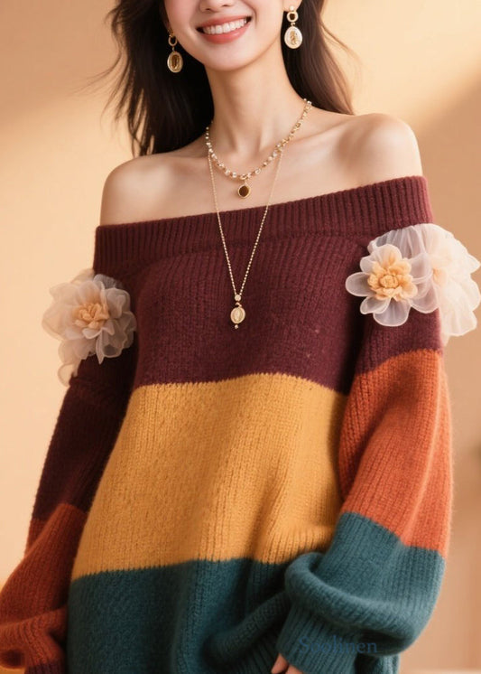 Handmade Colorblock Cold Shoulder Floral Patchwork Knit Sweater Fall